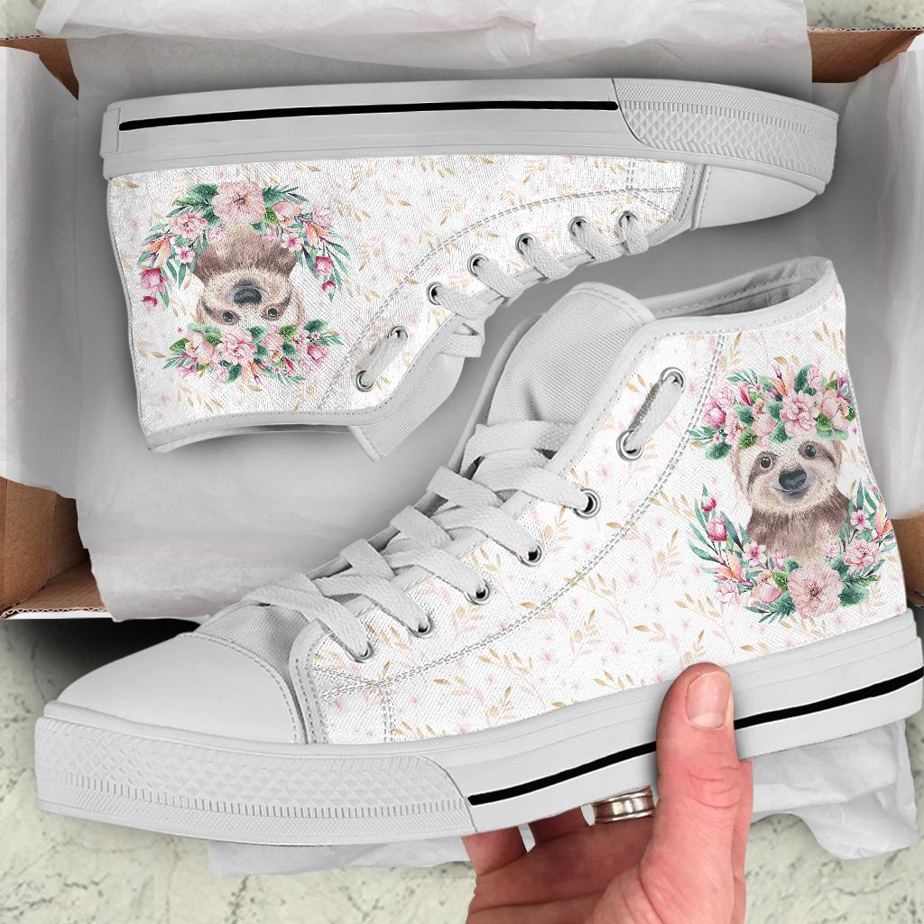 Custom 2024 Cute Sloth High Top Canvas Shoes | Sloth Lover, Hibiscus, Tropical Sloth, Hanging Sloth, Goblinecore, Cottagecore, Fairycore,